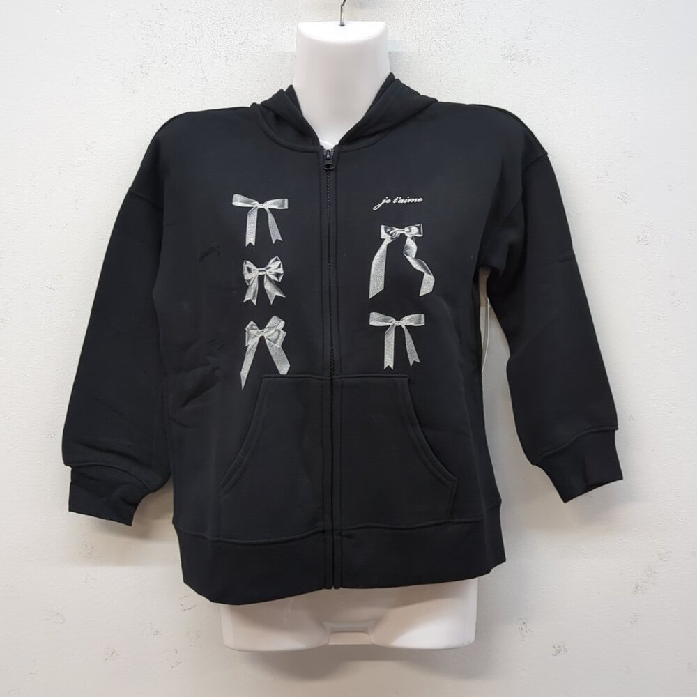 SO® Oversized Front Zip Bow Fleece Girl's Hoodie Sweatshirt Small Black